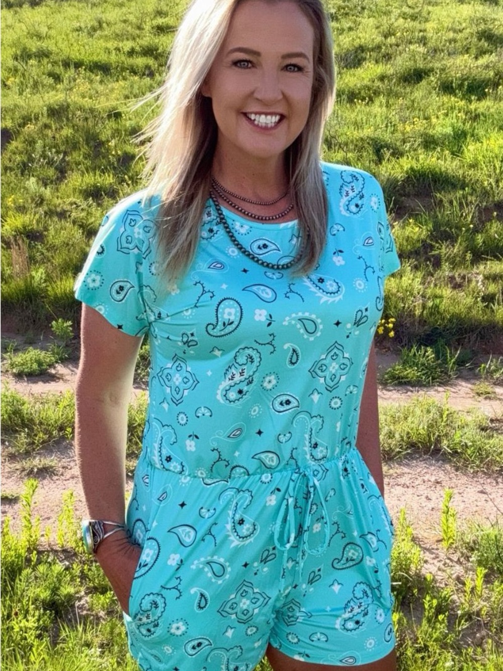 Turquoise Paisley Short-Sleeve Romper with Drawstring Waist